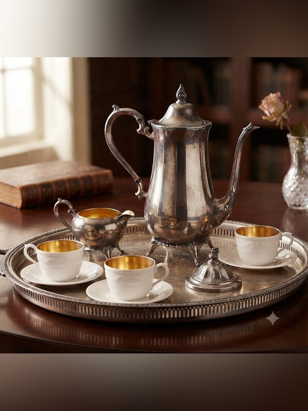Leonard Silverplate Coffee Pot and creamer, Mid-Century Flame Finial Tea Server